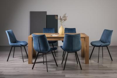 Bentley Designs Turin Light Oak 68 Seater Extending Dining Table With 6 Fontana Blue Velvet Chairs