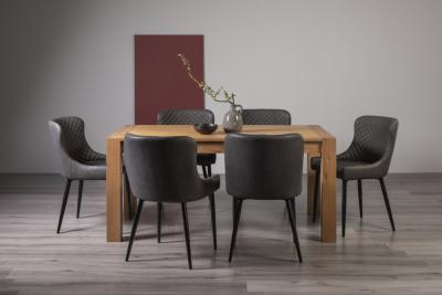 Bentley Designs Turin Light Oak 6 Seater Dining Table With 6 Cezanne Dark Grey Faux Leather Chairs Black Legs