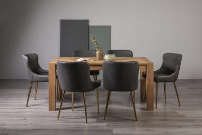 Bentley Designs Turin Light Oak 6 Seater Dining Table With 6 Cezanne Dark Grey Faux Leather Chairs Gold Legs
