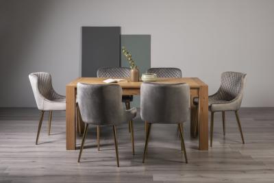 Product photograph of Bentley Designs Turin Light Oak 6 Seater Dining Table With 6 Cezanne Grey Velvet Chairs - Gold Legs from Choice Furniture Superstore