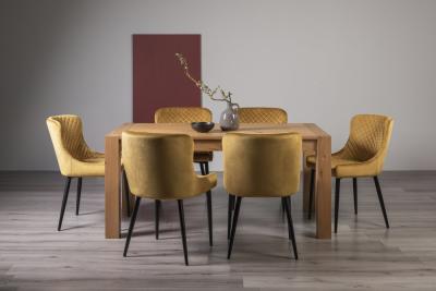 Bentley Designs Turin Light Oak 6 Seater Dining Table With 6 Cezanne Mustard Velvet Chairs Black Legs