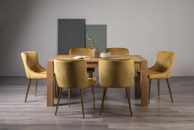 Bentley Designs Turin Light Oak 6 Seater Dining Table With 6 Cezanne Mustard Velvet Chairs Gold Legs
