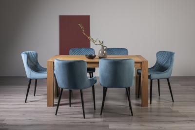 Bentley Designs Turin Light Oak 6 Seater Dining Table With 6 Cezanne Petrol Blue Velvet Chairs Black Legs