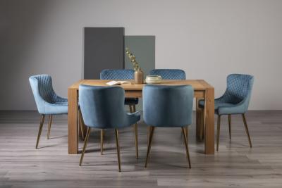 Product photograph of Bentley Designs Turin Light Oak 6 Seater Dining Table With 6 Cezanne Petrol Blue Velvet Chairs - Gold Legs from Choice Furniture Superstore
