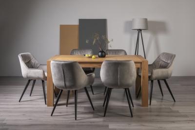 Bentley Designs Turin Light Oak 6 Seater Dining Table With 6 Dali Grey Velvet Chairs