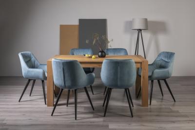 Bentley Designs Turin Light Oak 6 Seater Dining Table With 6 Dali Petrol Blue Velvet Chairs