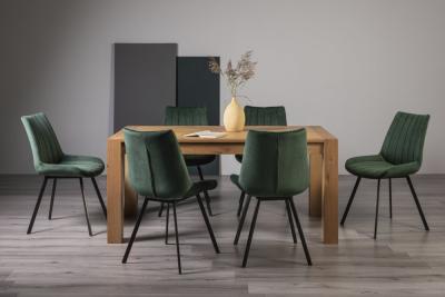 Bentley Designs Turin Light Oak 6 Seater Dining Table With 6 Fontana Green Velvet Chairs