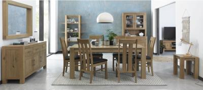 Bentley Designs Turin Light Oak 6 Seater Dining Table With 6 Slat Back Upholstered Chairs In Brown Faux Leather