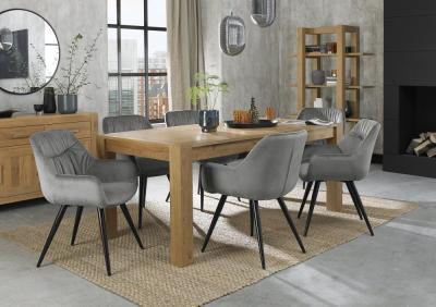 Bentley Designs Turin Light Oak Large 68 Seater Extending Dining Table With 6 Dali Grey Velvet Chairs