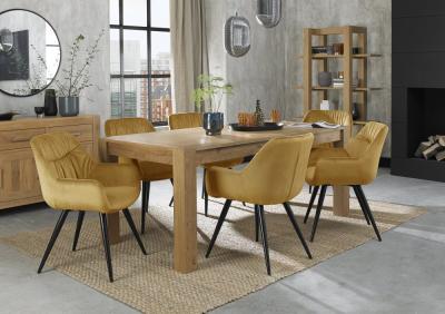 Bentley Designs Turin Light Oak Large 68 Seater Extending Dining Table With 6 Dali Mustard Velvet Chairs