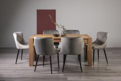Bentley Designs Turin Light Oak 6 Seater Dining Table With 6 Cezanne Grey Velvet Chairs Black Legs