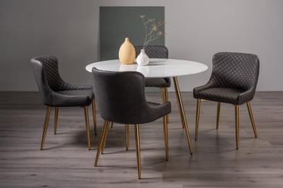 Bentley Designs Francesca White Glass 4 Seater Dining Table With 4 Cezanne Dark Grey Faux Leather Chairs Gold Legs