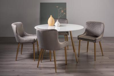 Bentley Designs Francesca White Glass 4 Seater Dining Table With 4 Cezanne Grey Velvet Chairs Gold Legs