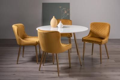 Product photograph of Bentley Designs Francesca White Glass 4 Seater Dining Table With 4 Cezanne Mustard Velvet Chairs - Gold Legs from Choice Furniture Superstore