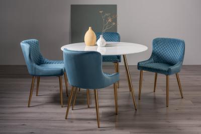 Product photograph of Bentley Designs Francesca White Glass 4 Seater Dining Table With 4 Cezanne Petrol Blue Velvet Chairs - Gold Legs from Choice Furniture Superstore