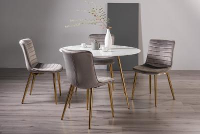 Bentley Designs Francesca White Glass 4 Seater Dining Table With 4 Rothko Grey Velvet Chairs Gold Legs
