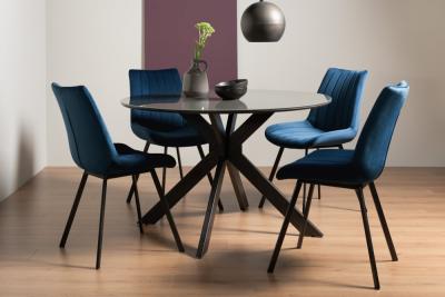 Bentley Designs Hirst Grey Painted Glass 4 Seater Dining Table With 4 Fontana Blue Velvet Chairs