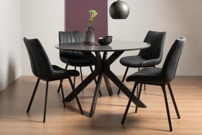 Bentley Designs Hirst Grey Painted Glass 4 Seater Dining Table With 4 Fontana Dark Grey Faux Suede Fabric Chairs
