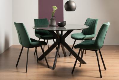 Bentley Designs Hirst Grey Painted Glass 4 Seater Dining Table With 4 Fontana Green Velvet Chairs