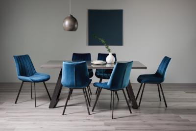 Bentley Designs Hirst Grey Painted Glass 6 Seater Dining Table With 6 Fontana Blue Velvet Chairs