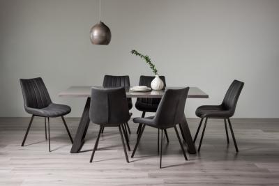 Bentley Designs Hirst Grey Painted Glass 6 Seater Dining Table With 6 Fontana Dark Grey Faux Suede Fabric Chairs