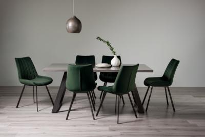 Bentley Designs Hirst Grey Painted Glass 6 Seater Dining Table With 6 Fontana Green Velvet Chairs
