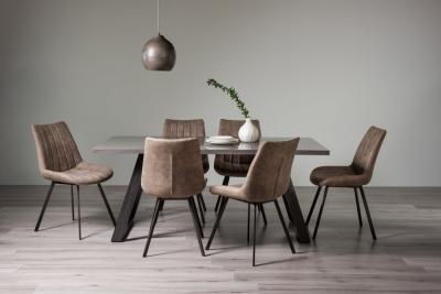 Bentley Designs Hirst Grey Painted Glass 6 Seater Dining Table With 6 Fontana Tan Faux Suede Fabric Chairs