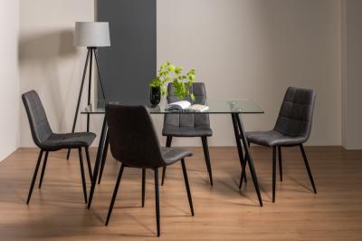 Bentley Designs Martini Clear Glass 6 Seater Dining Table With 4 Mondrian Dark Grey Faux Leather Chairs