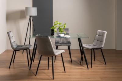 Bentley Designs Martini Clear Glass 6 Seater Dining Table With 4 Mondrian Grey Velvet Chairs