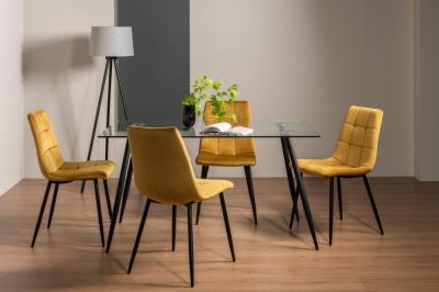 Bentley Designs Martini Clear Glass 6 Seater Dining Table With 4 Mondrian Mustard Velvet Chairs