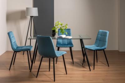 Bentley Designs Martini Clear Glass 6 Seater Dining Table With 4 Mondrian Petrol Blue Velvet Chairs
