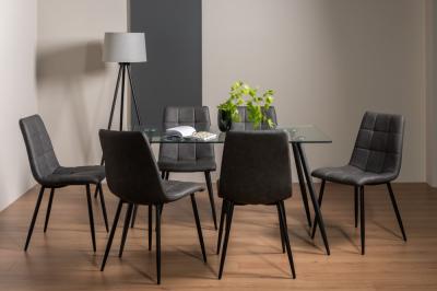 Bentley Designs Martini Clear Glass 6 Seater Dining Table With 6 Mondrian Dark Grey Faux Leather Chairs