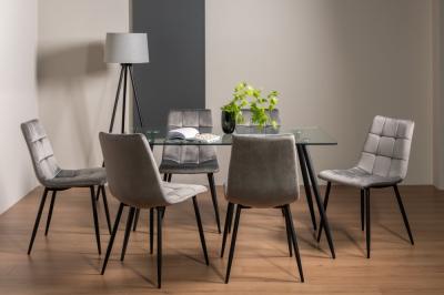 Bentley Designs Martini Clear Glass 6 Seater Dining Table With 6 Mondrian Grey Velvet Chairs