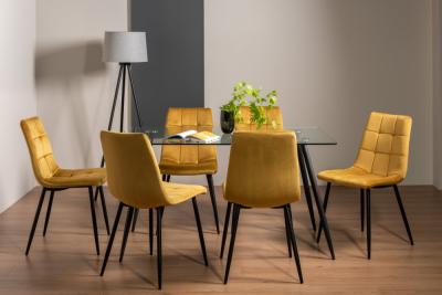 Bentley Designs Martini Clear Glass 6 Seater Dining Table With 6 Mondrian Mustard Velvet Chairs