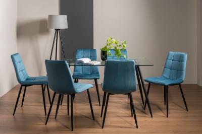 Bentley Designs Martini Clear Glass 6 Seater Dining Table With 6 Mondrian Petrol Blue Velvet Chairs