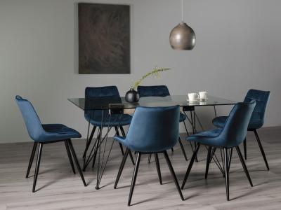 Bentley Designs Miro Clear Glass 6 Seater Dining Table With 6 Seurat Blue Velvet Chairs
