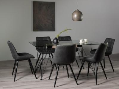 Bentley Designs Miro Clear Glass 6 Seater Dining Table With 6 Seurat Dark Grey Faux Suede Fabric Chairs