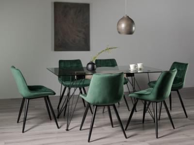 Bentley Designs Miro Clear Glass 6 Seater Dining Table With 6 Seurat Green Velvet Chairs