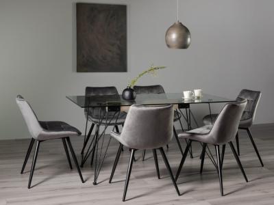 Bentley Designs Miro Clear Glass 6 Seater Dining Table With 6 Seurat Grey Velvet Chairs