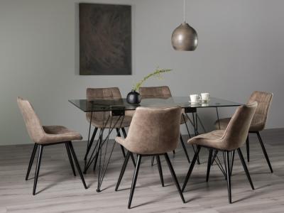 Bentley Designs Miro Clear Glass 6 Seater Dining Table With 6 Seurat Tan Faux Suede Fabric Chairs