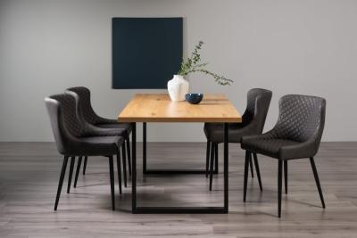 Bentley Designs Ramsay Oak Melamine 6 Seater Dining Table U Leg With 4 Cezanne Dark Grey Faux Leather Chairs Black Legs