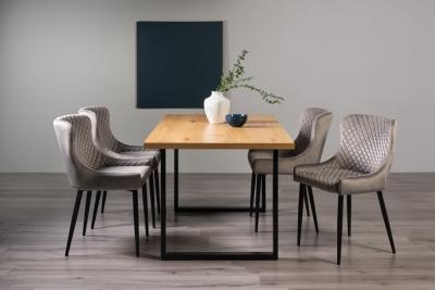 Bentley Designs Ramsay Oak Melamine 6 Seater Dining Table U Leg With 4 Cezanne Grey Velvet Chairs Black Legs