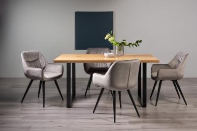 Bentley Designs Ramsay Oak Melamine 6 Seater Dining Table U Leg With 4 Dali Grey Velvet Chairs