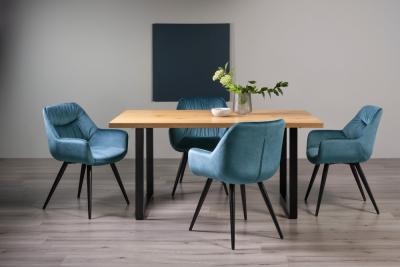 Product photograph of Bentley Designs Ramsay Oak Melamine 6 Seater Dining Table - U Leg With 4 Dali Petrol Blue Velvet Chairs from Choice Furniture Superstore