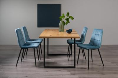 Product photograph of Bentley Designs Ramsay Oak Melamine 6 Seater Dining Table - U Leg With 4 Mondrian Petrol Blue Velvet Chairs from Choice Furniture Superstore