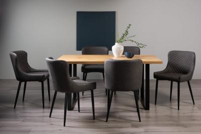 Bentley Designs Ramsay Oak Melamine 6 Seater Dining Table U Leg With 6 Cezanne Dark Grey Faux Leather Chairs Black Legs