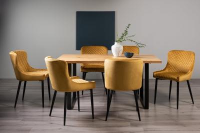 Product photograph of Bentley Designs Ramsay Oak Melamine 6 Seater Dining Table - U Leg With 6 Cezanne Mustard Velvet Chairs - Black Legs from Choice Furniture Superstore