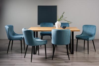 Product photograph of Bentley Designs Ramsay Oak Melamine 6 Seater Dining Table - U Leg With 6 Cezanne Petrol Blue Velvet Chairs - Black Legs from Choice Furniture Superstore