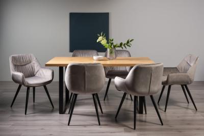 Product photograph of Bentley Designs Ramsay Oak Melamine 6 Seater Dining Table - U Leg With 6 Dali Grey Velvet Chairs from Choice Furniture Superstore
