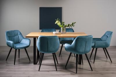 Bentley Designs Ramsay Oak Melamine 6 Seater Dining Table U Leg With 6 Dali Petrol Blue Velvet Chairs